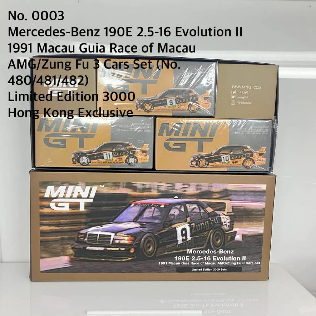 Mini GT No. 0003 Mercedes-Benz 190E 2.5-16 Evolution II 1991 Macau Guia Race of Macau AMG/Zung Fu 3 Cars Pre Order