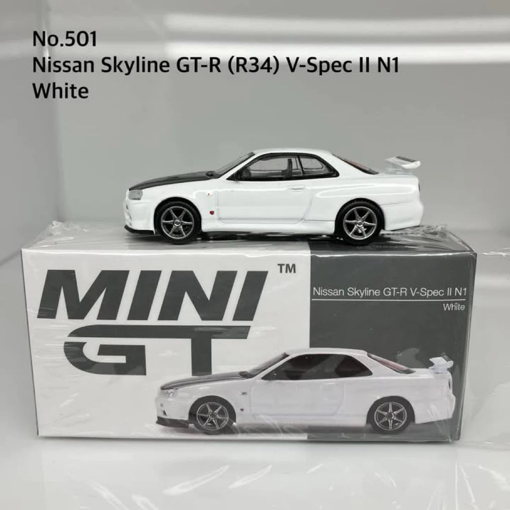 Mini GT No. 501-R Nissan Skyline GT-R (R34) V-Spec II N1 White Pre Order